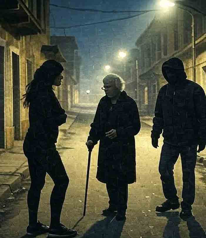 Women facing harassment in a dangerous low-income neighborhood at night, illustrating barriers to concealed carry fees and self-defense rights for vulnerable communities