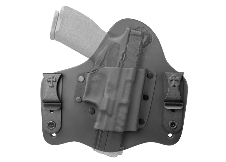 Black holster with inserted semi-automatic pistol.